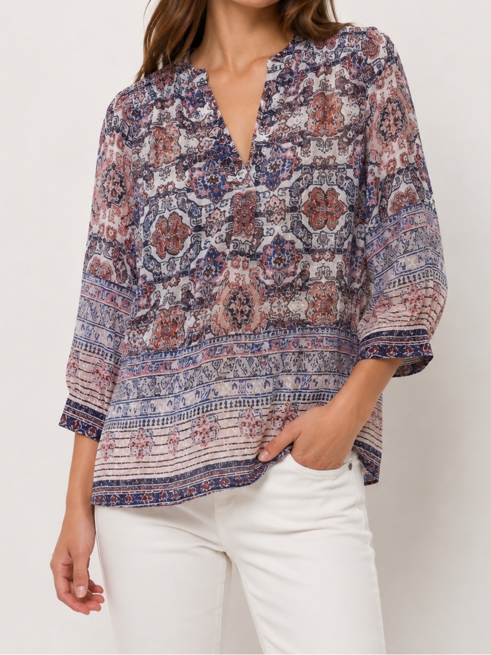 Joie 100% Silk Scarf Print Blouse Paisley Sheer 3/4 Sleeve Shirt White Blue XS